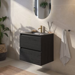 Saniselect Guarda voorgemonteerd badmeubel met zwarte greeplijst incl. mat zwarte keramische wastafel 61x46cm eiken zwart