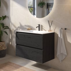 Saniselect Guarda voorgemonteerd badmeubel met zwarte greeplijst incl. matte keramische wastafel 81x46cm eiken zwart