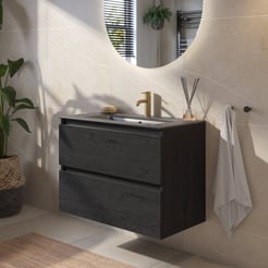 Saniselect Guarda voorgemonteerd badmeubel met zwarte greeplijst incl. mat zwarte keramische wastafel 81x46cm eiken zwart