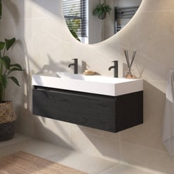 Saniselect Guarda voorgemonteerd badmeubel met zwarte greeplijst incl. matte wastafel 100x45cm eiken zwart