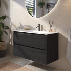 Saniselect Guarda voorgemonteerd badmeubel met zwarte greeplijst incl. matte keramische wastafel 101x46cm eiken zwart