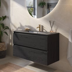 Saniselect Guarda voorgemonteerd badmeubel met zwarte greeplijst incl. mat zwarte keramische wastafel 101x46cm eiken zwart
