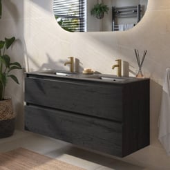 Saniselect Guarda voorgemonteerd badmeubel met zwarte greeplijst incl. mat zwarte keramische wastafel 121x46cm eiken zwart