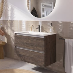 Saniselect Guarda voorgemonteerd badmeubel met aluminium greeplijst incl. matte keramische wastafel 81x46cm kasteel bruin
