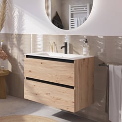 Saniselect Guarda voorgemonteerd badmeubel met zwarte greeplijst incl. matte keramische wastafel 81x46cm naturel eiken