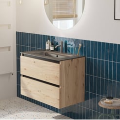 Saniselect Guarda voorgemonteerd badmeubel met zwarte greeplijst incl. mat zwarte keramische wastafel 81x46cm naturel eiken