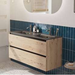 Saniselect Guarda voorgemonteerd badmeubel met zwarte greeplijst incl. mat zwarte keramische wastafel 121x46cm naturel eiken