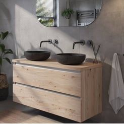 Saniselect Guarda voorgemonteerd badmeubel met aluminium greeplijst incl. natuurstenen waskommen 120cm naturel eiken