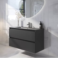 Saniselect Guarda voorgemonteerd badmeubel met zwarte greeplijst incl. mat zwarte keramische wastafel 101x46cm zijdeglans zwart