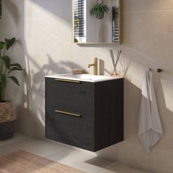 Saniselect Luca voorgemonteerd badmeubel met messing greep incl. matte keramische wastafel 61x46cm eiken zwart