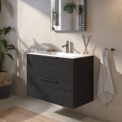 Saniselect Luca voorgemonteerd badmeubel met grafiet greep incl. matte keramische wastafel 81x46cm eiken zwart