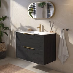 Saniselect Luca voorgemonteerd badmeubel met messing greep incl. matte keramische wastafel 81x46cm eiken zwart