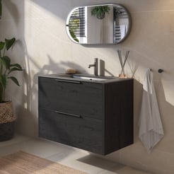 Saniselect Luca voorgemonteerd badmeubel met grafiet greep incl. mat zwarte keramische wastafel 81x46cm eiken zwart