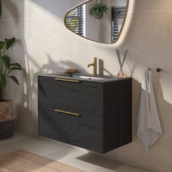 Saniselect Luca voorgemonteerd badmeubel met messing greep incl. mat zwarte keramische wastafel 81x46cm eiken zwart