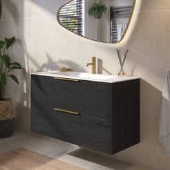 Saniselect Luca voorgemonteerd badmeubel met messing greep incl. matte keramische wastafel 101x46cm eiken zwart