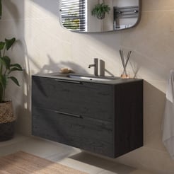 Saniselect Luca voorgemonteerd badmeubel met grafiet greep incl. mat zwarte keramische wastafel 101x46cm eiken zwart