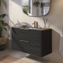 Saniselect Luca voorgemonteerd badmeubel met messing greep incl. mat zwarte keramische wastafel 101x46cm eiken zwart