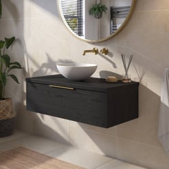 Saniselect Luca voorgemonteerd badmeubel 1 lade incl. afdekblad met messing greep 100cm eiken zwart