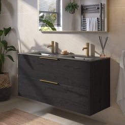 Saniselect Luca voorgemonteerd badmeubel met messing greep incl. mat zwarte keramische wastafel 121x46cm eiken zwart