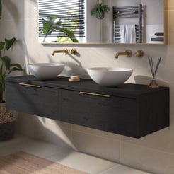 Saniselect Luca voorgemonteerd badmeubel met messing greep incl. matte waskommen 160cm eiken zwart