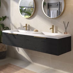 Saniselect Luca voorgemonteerd badmeubel met messing greep incl. wastafel 160,5x51,5cm eiken zwart