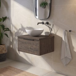 Saniselect Luca voorgemonteerd badmeubel 1 lade incl. afdekblad met mat zwarte greep 60cm kasteel bruin