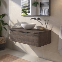 Saniselect Luca voorgemonteerd badmeubel 1 lade incl. afdekblad met mat zwarte greep 100cm kasteel bruin