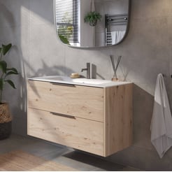 Saniselect Luca voorgemonteerd badmeubel met grafiet greep incl. matte keramische wastafel 101x46cm naturel eiken