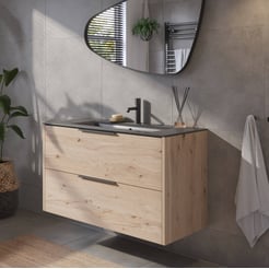 Saniselect Luca voorgemonteerd badmeubel met mat zwarte greep incl. mat zwarte keramische wastafel 101x46cm naturel eiken