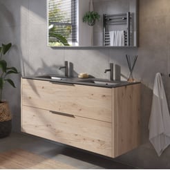 Saniselect Luca voorgemonteerd badmeubel met grafiet greep incl. mat zwarte keramische wastafel 121x46cm naturel eiken