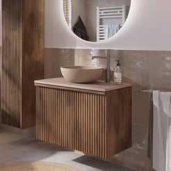Ben Linea voorgemonteerd badmeubel incl. beige betonnen waskom 80cm eiken grijs/beige beton kraangat rechts