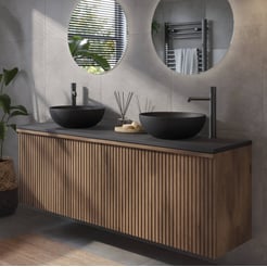 Ben Linea voorgemonteerd badmeubel incl. zwart betonnen waskommen 160cm eiken grijs/zwart beton