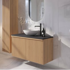 Ben Linea voorgemonteerd badmeubel incl. solid surface waskom 100cm eiken naturel/zwart beton kraangat rechts