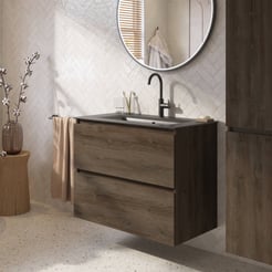 Saniselect Tonale badmeubelset incl. wastafel mat zwart 81x51cm sepia eiken