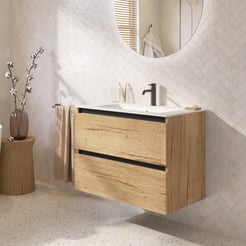 Saniselect Guarda badmeubel incl. malta beige keramische wastafel 81x46x61cm eiken marcato – zwarte greeplijst
