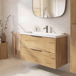Saniselect Luca ondiep badmeubel incl. witte wastafel met 2 kraangaten 120x40x64cm eiken marcato – gunmetal greep