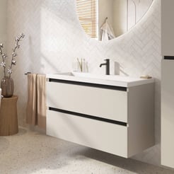 Saniselect Guarda ondiep badmeubel incl. witte wastafel 80x40x64cm kiezel grijs – zwarte greeplijst