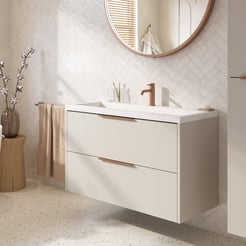 Saniselect Luca ondiep badmeubel incl. witte wastafel 100x40x64cm kiezel grijs – koperen greep