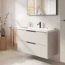Saniselect Luca ondiep badmeubel incl. witte wastafel 80x40x64cm kiezel grijs – zwarte greep