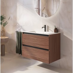 Saniselect Guarda badmeubel incl. malta beige keramische wastafel 81x46x61cm noten urban – zwarte greeplijst