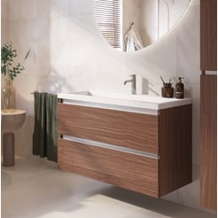 Saniselect Guarda ondiep badmeubel incl. witte wastafel met 2 kraangaten 120x40x64cm noten urban – aluminium greeplijst