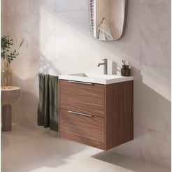 Saniselect Luca ondiep badmeubel incl. witte wastafel 60x40x64cm noten urban – rvs greep
