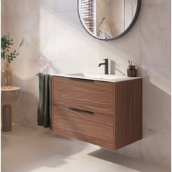Saniselect Luca badmeubel incl. malta beige keramische wastafel 81x46x61cm noten urban – zwarte greep