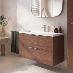 Saniselect Luca ondiep badmeubel incl. witte wastafel met 2 kraangaten 120x40x64cm noten urban – chromen greep