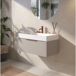 Saniselect Luca Badmeubelset incl. mineraal gegoten wastafel 80x46cm mat greige met koperen greep