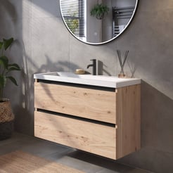 Saniselect Guarda badmeubelset incl. mineraal gegoten wastafel 100x40cm naturel eiken met zwarte greeplijst