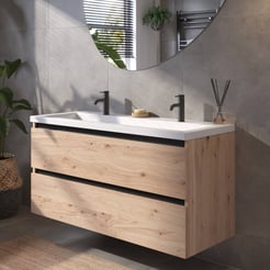 Saniselect Guarda badmeubelset incl. mineraal gegoten wastafel 120x51cm naturel eiken met zwarte greeplijst