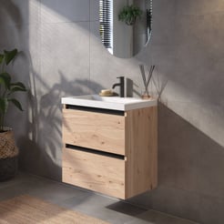 Saniselect Guarda badmeubelset incl. mineraal gegoten wastafel 60x40cm naturel eiken met zwarte greeplijst