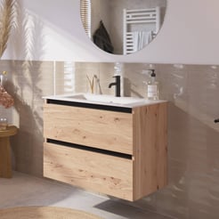 Saniselect Guarda badmeubelset incl. keramieken wastafel 81x46cm naturel eiken met zwarte greeplijst