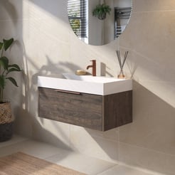 Saniselect Luca Badmeubelset incl. mineraal gegoten wastafel 80x46cm kasteel bruin met koperen greep